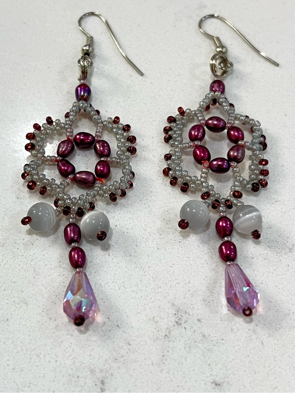 Handmade beaded dangle lacy mandala earrings purple burgundy